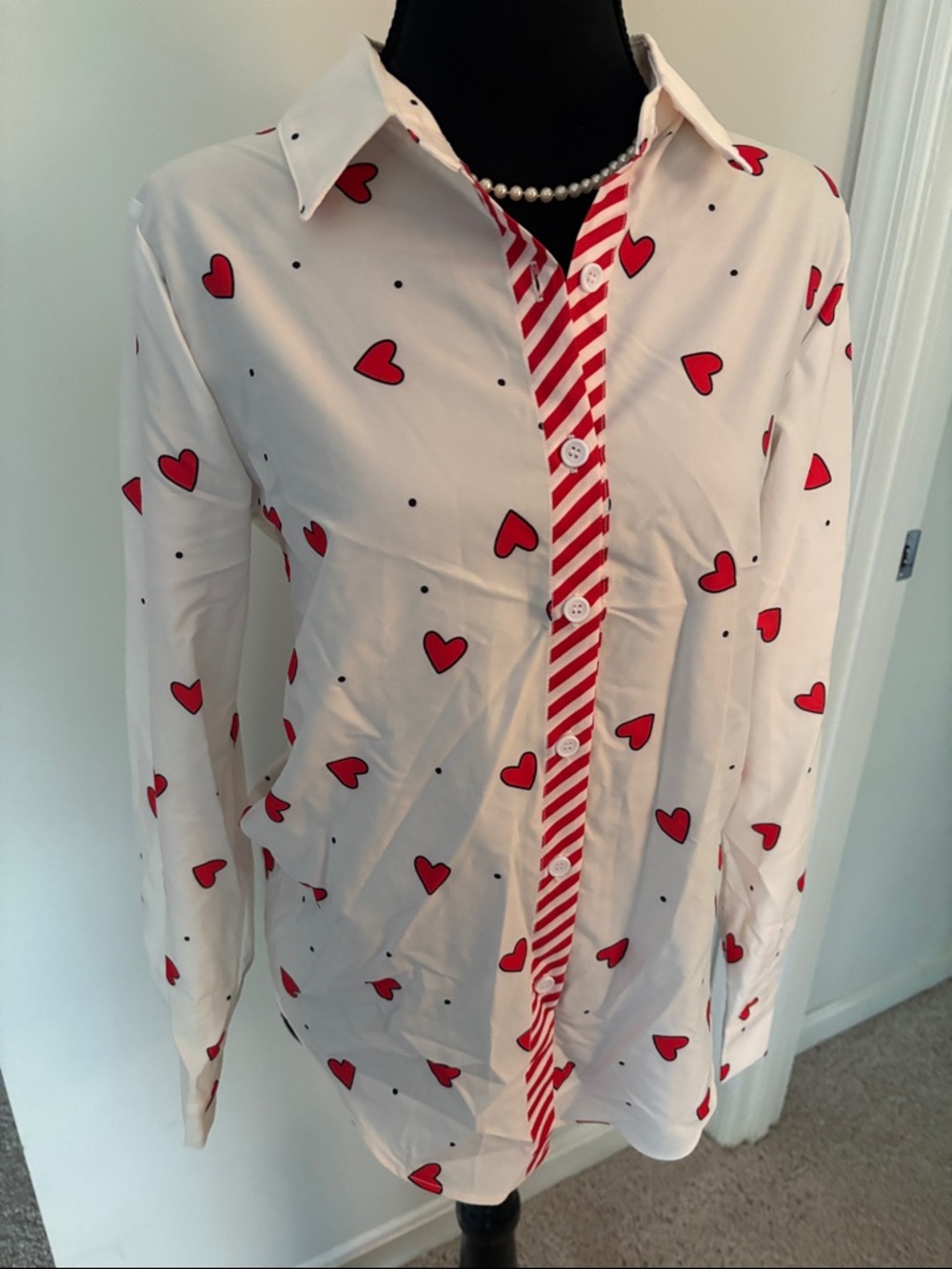 White and Red Heart-Print Women’s Button-Up Shirt